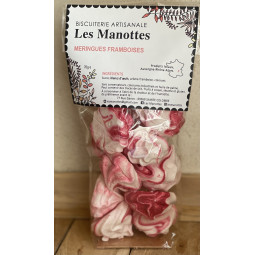 Biscuits sucrés meringues aux framboises fabriqués artisanalement par Les Manottes à sainte Colombe
