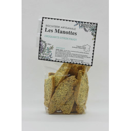 biscuits salés croquants citron/pavot fabriqués artisanalement par la biscuiterie Les Manottes à Sainte-Colombe en France